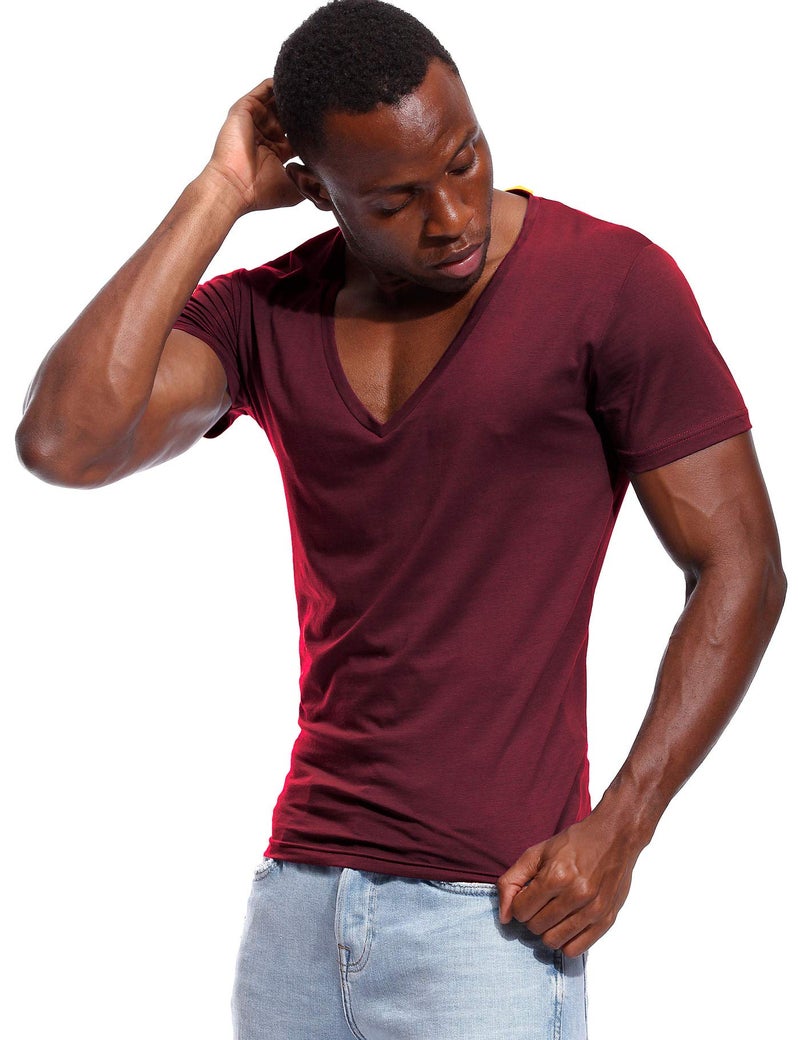 Zbrandy Deep V Neck T Shirt for Men Low Cut Vneck Invisible Tee Vee Top Burgundy Red M - Image 3